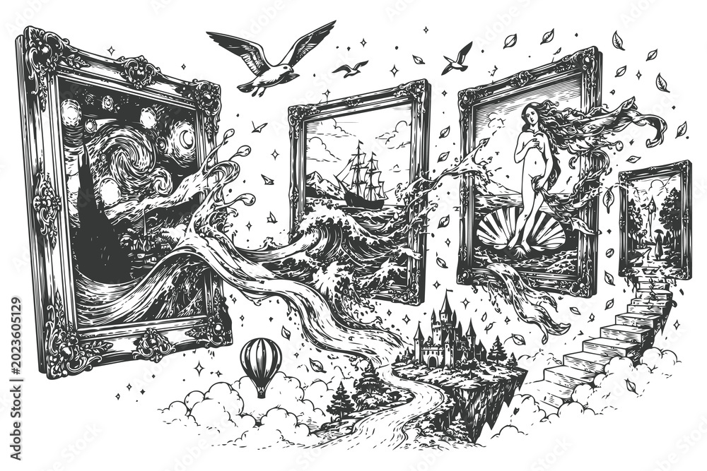 Obraz premium Surreal artwork of birds flying around dreamlike framed scenes Vector