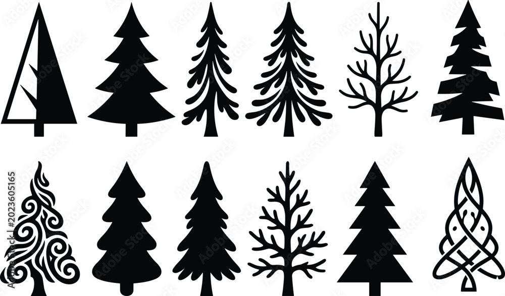 Obraz premium Pine, tree, silhouette, collection, black, evergreen, fir, forest, nature, spruce, conifer, christmas, icons, isolated, on, white, background, wood, plant