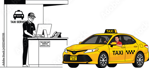 Φωτογραφία Taxi service booking vector illustration with yellow cab transportation driver a