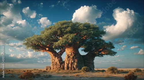 Towering ancient baobab tree with colossal form dominating a vast African savanna landscape under a cloudy blue sky