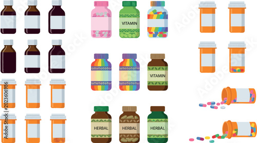 Foto Medical pill bottles and vitamin supplement jars vector illustration set with prescription containers and spilled capsules for healthcare and pharmacy design