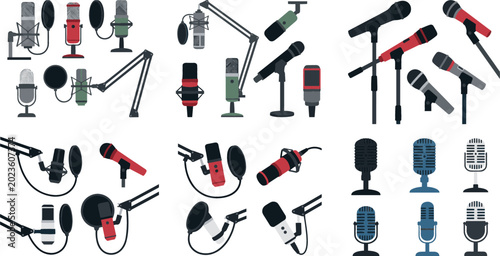 Bild auf Leinwand Professional microphone vector illustration set with studio equipment podcast mic stands pop filters and retro designs for audio broadcasting and voice recording