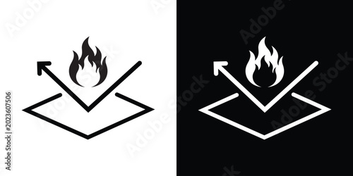 Photos Fire resistant material vector icon depicting a detailed flame reflecting off a protective surface layer with an arrow, shown in black and white graphic styles