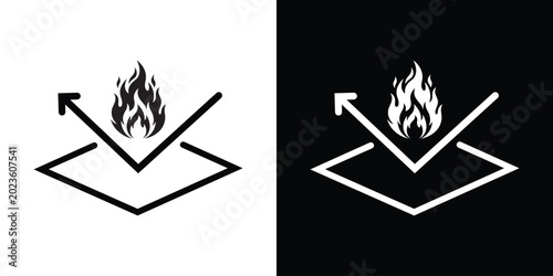 Foto Fire resistant material vector icon depicting a detailed flame reflecting off a protective surface layer with an arrow, shown in black and white graphic styles