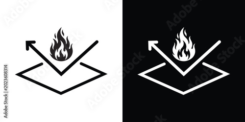 Foto Fire resistant material vector icon depicting a detailed flame reflecting off a protective surface layer with an arrow, shown in black and white graphic styles