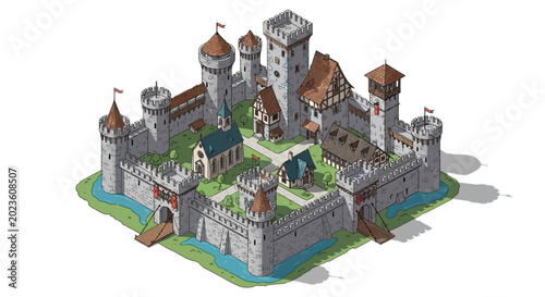 Isometric medieval castle with town and church