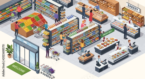 People shopping for groceries in a modern supermarket.