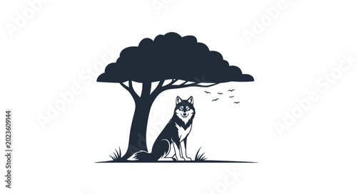 Schilderij op canvas Dog Sitting Under Tree Alone.