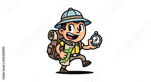 Cute cartoon boy explorer holding a map and compass for adventure