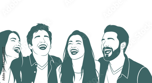 Photos Four friends laughing together happily.