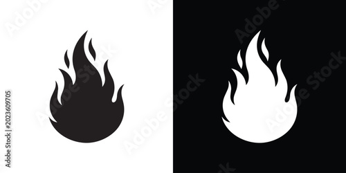 Foto Simple fire flame vector icon with a clean, classic silhouette design, isolated in matching black-on-white and white-on-black versions for versatile use
