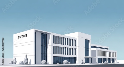Modern architectural institute building with clean lines and a bright facade under a clear sky.