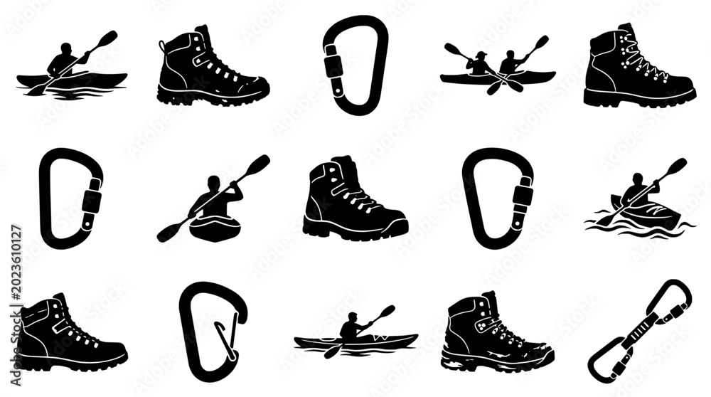 Obraz premium Hiking boots and carabiners with kayaking icons set for outdoor adventure featuring climbing, mountaineering, trekking with exploration and nature