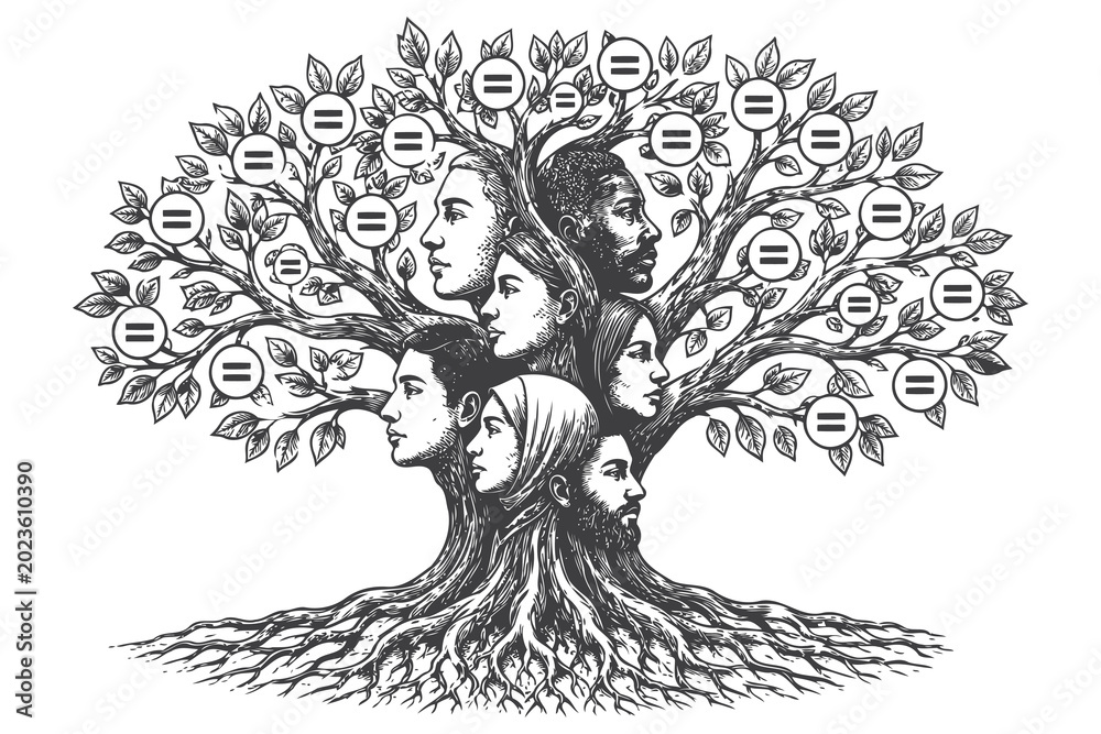 Fototapeta premium Tree with faces symbolizing equality and unity among people Vector