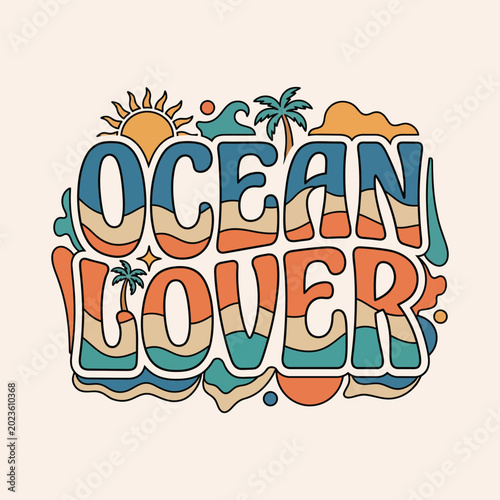 Photos Retro ocean lover typography with sun and waves typography tropical illustrati