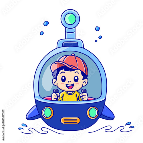 Cute Boy Riding Blue Submarine Cartoon Vector Illustration