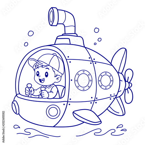 Cute boy driving a submarine underwater coloring page for kids outline illustration
