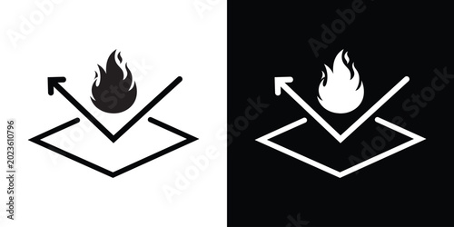 Fotografie Fire resistant material vector icon depicting a detailed flame reflecting off a protective surface layer with an arrow, shown in black and white graphic styles