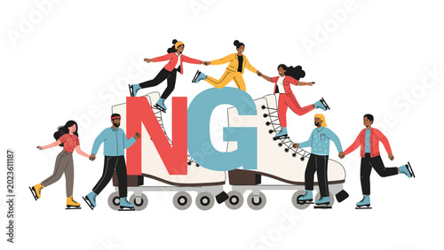 Cuadro en lienzo Roller Skate Connection: People of diverse backgrounds connect and celebrate togetherness on roller skates, encircling giant letters that signify a shared journey of unity and fun