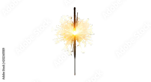 Bright sparkler igniting with golden embers and light trails on a clean white background