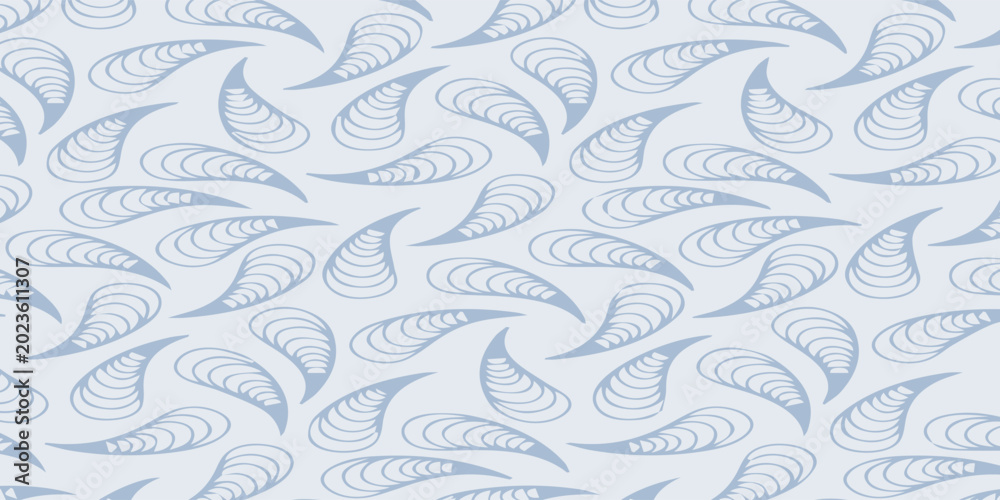 Fototapeta premium Abstract light blue background with repeating gray paisley-like shapes.