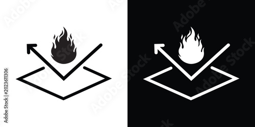 Konstfotografi Fire resistant material vector icon depicting a detailed flame reflecting off a protective surface layer with an arrow, shown in black and white graphic styles