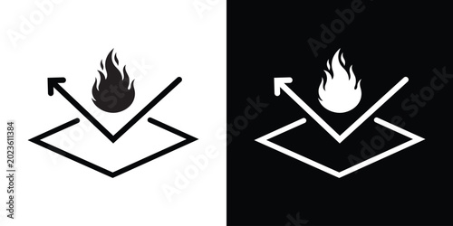 Obraz na płótnie Fire resistant material vector icon depicting a detailed flame reflecting off a protective surface layer with an arrow, shown in black and white graphic styles