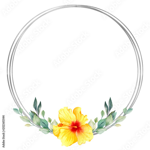 Delicate silver circular frame featuring a vibrant yellow hibiscus bloom and lush green leaves, perfect for creating beautiful summer floral design elements
