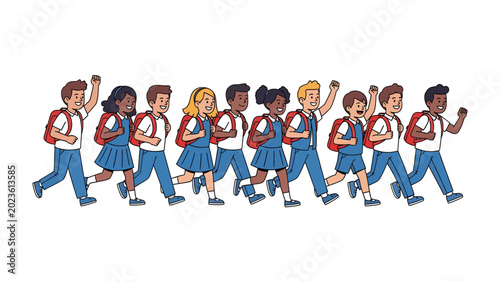 Konstfotografi Back to School Excitement: A cheerful group of diverse schoolchildren, backpacks on, with hands raised in exhilaration, stride forward with bright smiles, eager for a new school year