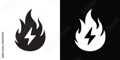 Quadro su tela Electrical hazard vector icon featuring a stylized flame silhouette enclosing a sharp lightning bolt symbol, in high-contrast black and white styles