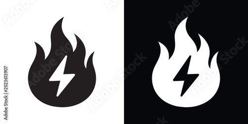 Cuadro en lienzo Electrical hazard vector icon featuring a stylized flame silhouette enclosing a sharp lightning bolt symbol, in high-contrast black and white styles