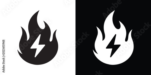 Cuadro en lienzo Electrical hazard vector icon featuring a stylized flame silhouette enclosing a sharp lightning bolt symbol, in high-contrast black and white styles
