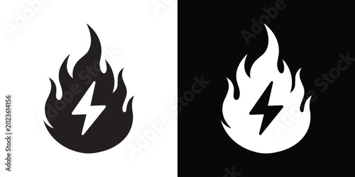 Konstfotografi Electrical hazard vector icon featuring a stylized flame silhouette enclosing a sharp lightning bolt symbol, in high-contrast black and white styles