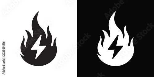 Canvastavla Electrical hazard vector icon featuring a stylized flame silhouette enclosing a sharp lightning bolt symbol, in high-contrast black and white styles