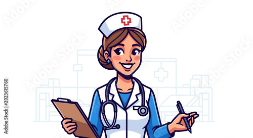 Fotografía Smiling female nurse with clipboard and pen in a medical setting.