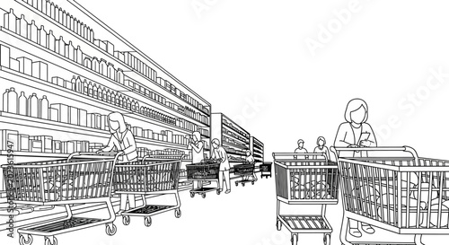 Photos Shoppers navigating a busy supermarket aisle with their carts.