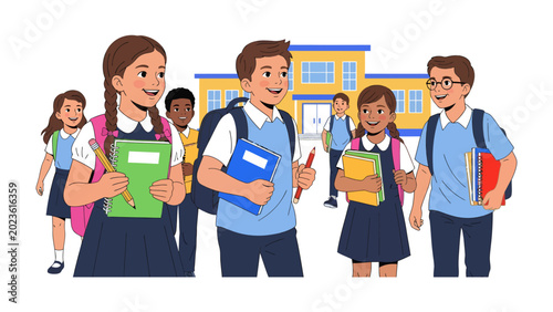 Fényképezés Back to School Fun: Cheerful schoolchildren with backpacks and books walk past their school building, ready for a new academic year filled with learning and friendship
