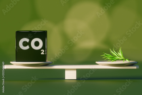 Carbon Neutrality Concept: CO2 Cube and Green Plant Balancing on Scales, 3D Render