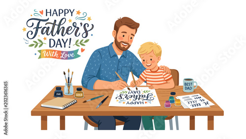 Obraz na płótnie Father's Day Celebration: A father and son create a heartfelt Father's Day card together, illustrating the special bond and love shared between them