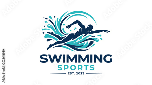 Swimmer silhouette logo icon for swimming sports featuring dynamic waves and swimmer action