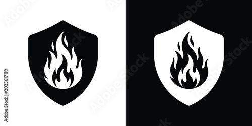 Quadro em tela Fire safety icon showcasing a prominent protective shield emblem with an inner flame graphic, available in solid black and white minimalist variations