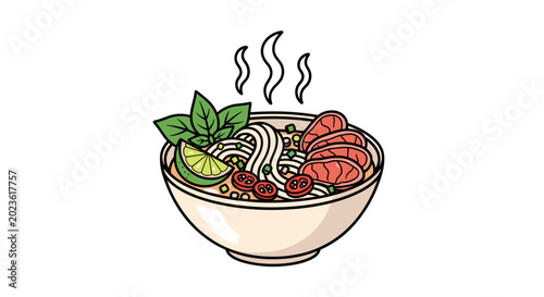Illustration of a steaming bowl of pho soup with fresh herbs, lime, and sliced meat on a white background