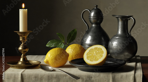Dutch Golden Age still life with lemons, pewter jug, and candlelight on linen cloth