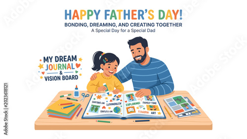Foto Father's Day Vision Board Creation: A heartwarming illustration shows a father and daughter happily creating a dream journal and vision board together, celebrating their bond and shared aspirations