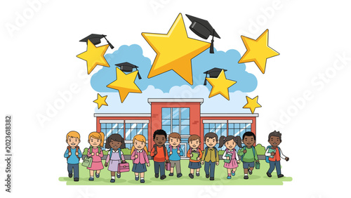 Foto Graduation Day Celebration: A group of diverse, happy children with backpacks, wearing graduation caps and carrying stars, walk in front of a school building