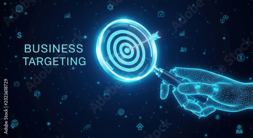 Business Targeting Concept With Robot Hand Holding Magnifying Glass, Target And Icons For Marketing, Goals, Strategy, Focus And Success