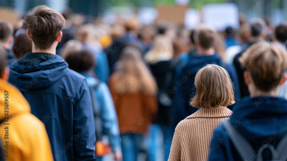 Fototapeta premium Young students skipping school to participate in a massive public rally, youth activism and social change concept, large crowd demonstration, faceless, faces not visible from