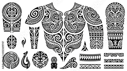 Collection of Polynesian Tribal Tattoo Designs and Symbols.