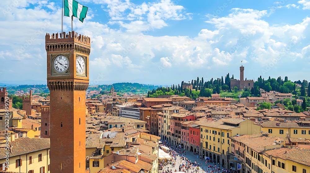 Fototapeta premium A stunning high angle photograph captures the historic clock tower rising above the vibrant terracotta rooftops and busy streets of the beautiful city of Siena Italy