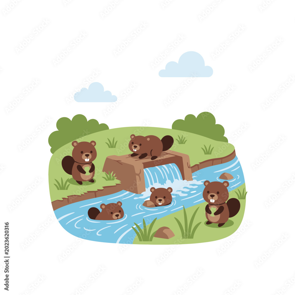 Naklejka premium Cartoon Beavers Building a Dam in a River Environment